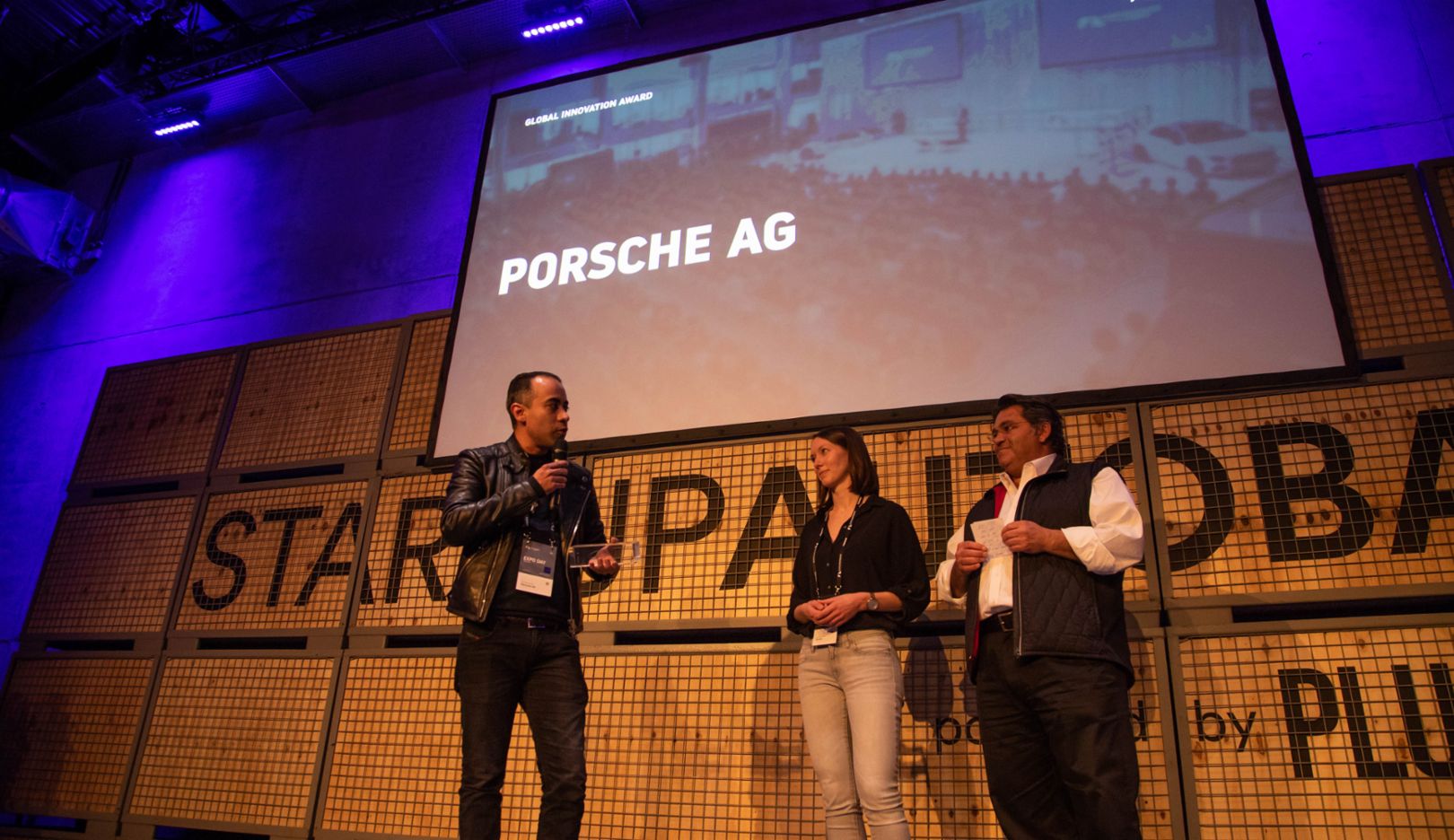 Christian Knörle, Tanja Deutschenbaur, Saeed Amidi (l-r), Global Innovation Award, Startup Autobahn Expo Day, Stuttgart, 2019, Porsche AG