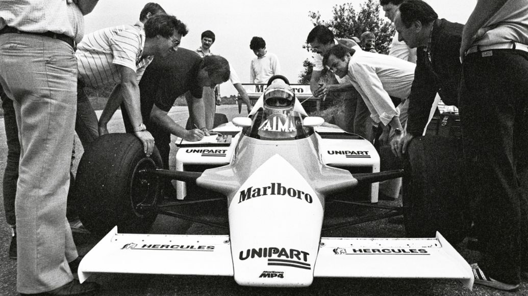 Erste Fahrt des TAG Turbo im McLaren-Chassis, 1982, Porsche AG