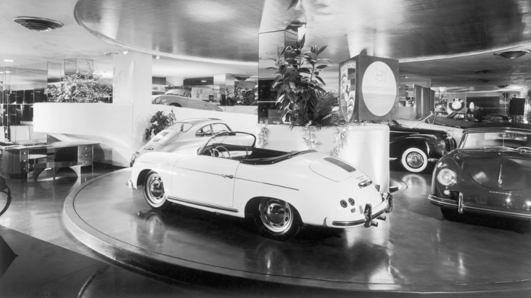 Porsche 356 Coupé, Cabriolet y Speedster en el concesionario Hoffman Motor Car Company de Park Avenue, Nueva York, Porsche AG