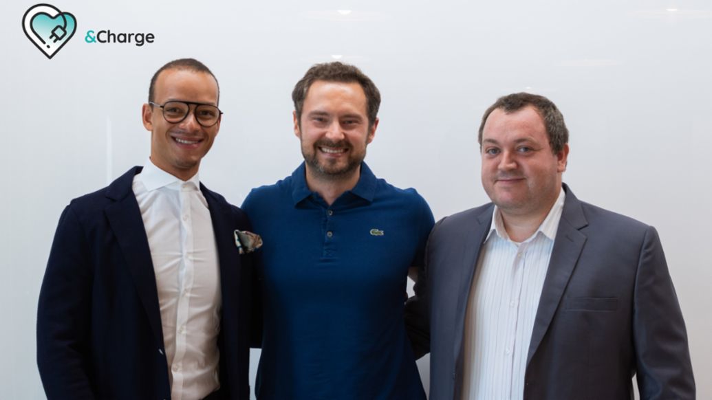 Das &Charge-Gründerteam: Simon Vogt, Chief Sales Officer, Eugen Letkemann, Chief Executive Officer, Matthias Drechsler, Chief Technology Officer, 2020, Porsche AG