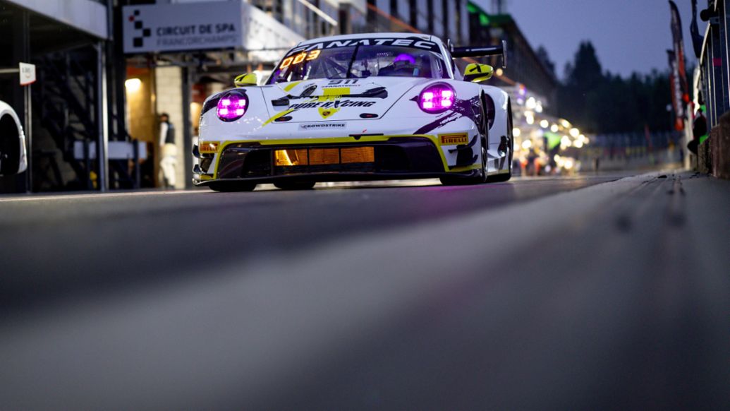 Porsche 911 GT3 R, Pure Racing (#911), Klaus Bachler (A), Alex Malykhin (UK), Joel Sturm (D), Marco Seefried (D), Qualifying, 24-Stunden-Rennen Spa-Francorchamps, 2023, Porsche AG
