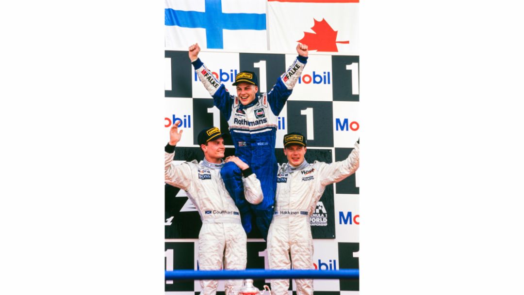 David Coulthard, Jacques Villeneuve, Mika Hakkinen, l-r, 1997, Porsche AG