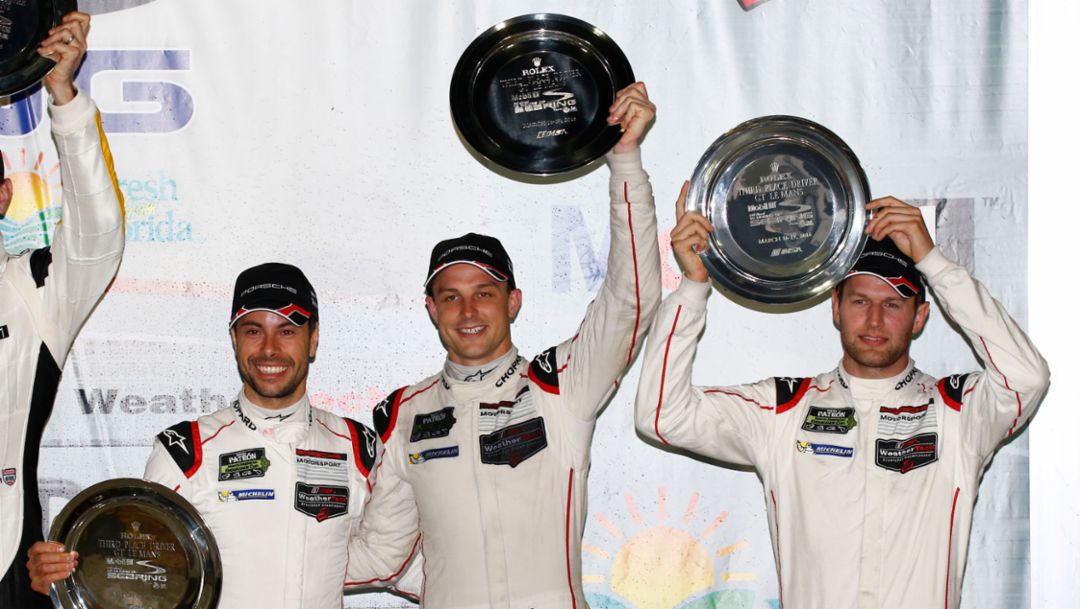 Frederic Makowiecki, Earl Bamber, Michael Christensen (l-r), Sebring, IMSA WeatherTech SportsCar Championship, 2016, Porsche AG