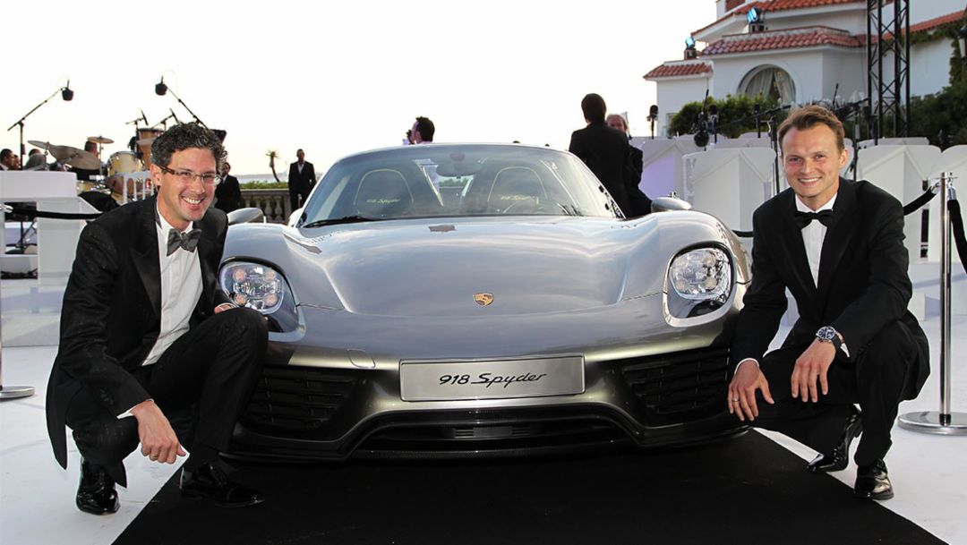 Dr. Frank-Steffen Walliser, project manager, Marc Lieb, Porsche racer, Spyder, Cannes, 2014, Porsche AG
