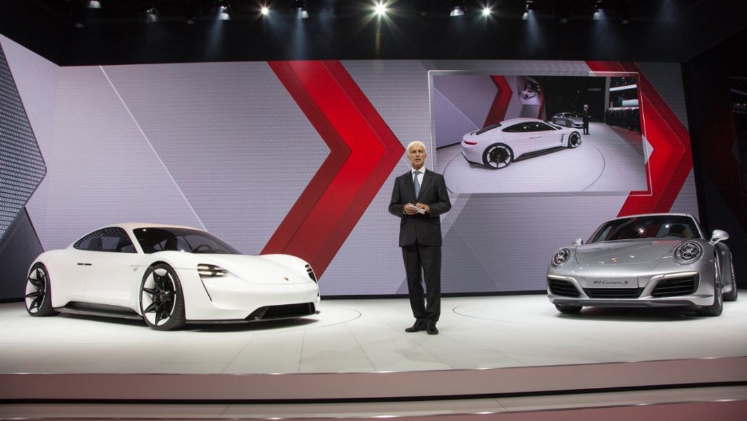 Matthias Müller, Chairman of the Executive Board, Mission E, Concept Car, 911 Carrera S, Press Conference IAA , Frankfurt, 2015, Porsche AG