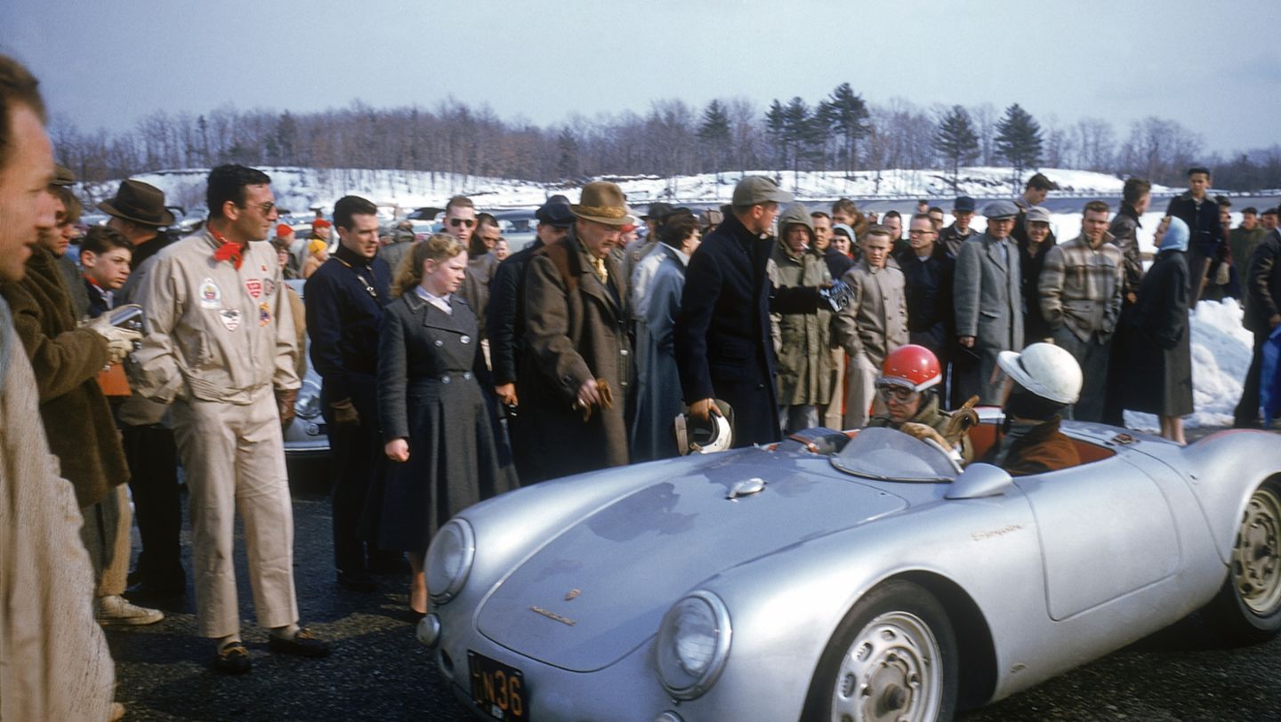 Wolfgang von Trips at wheel of 550 while visiting with the Porsche Club of America in Thompson, Connecticut, March 1956