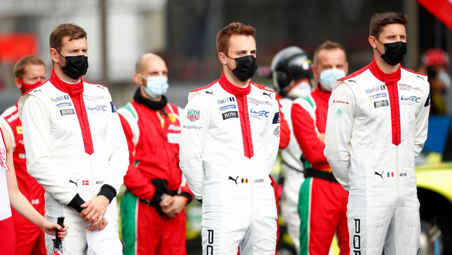 Michael Christensen, Laurens Vanthoor, Kévin Estre, l-r, 24 Stunden von Le Mans, 2020, Porsche AG
