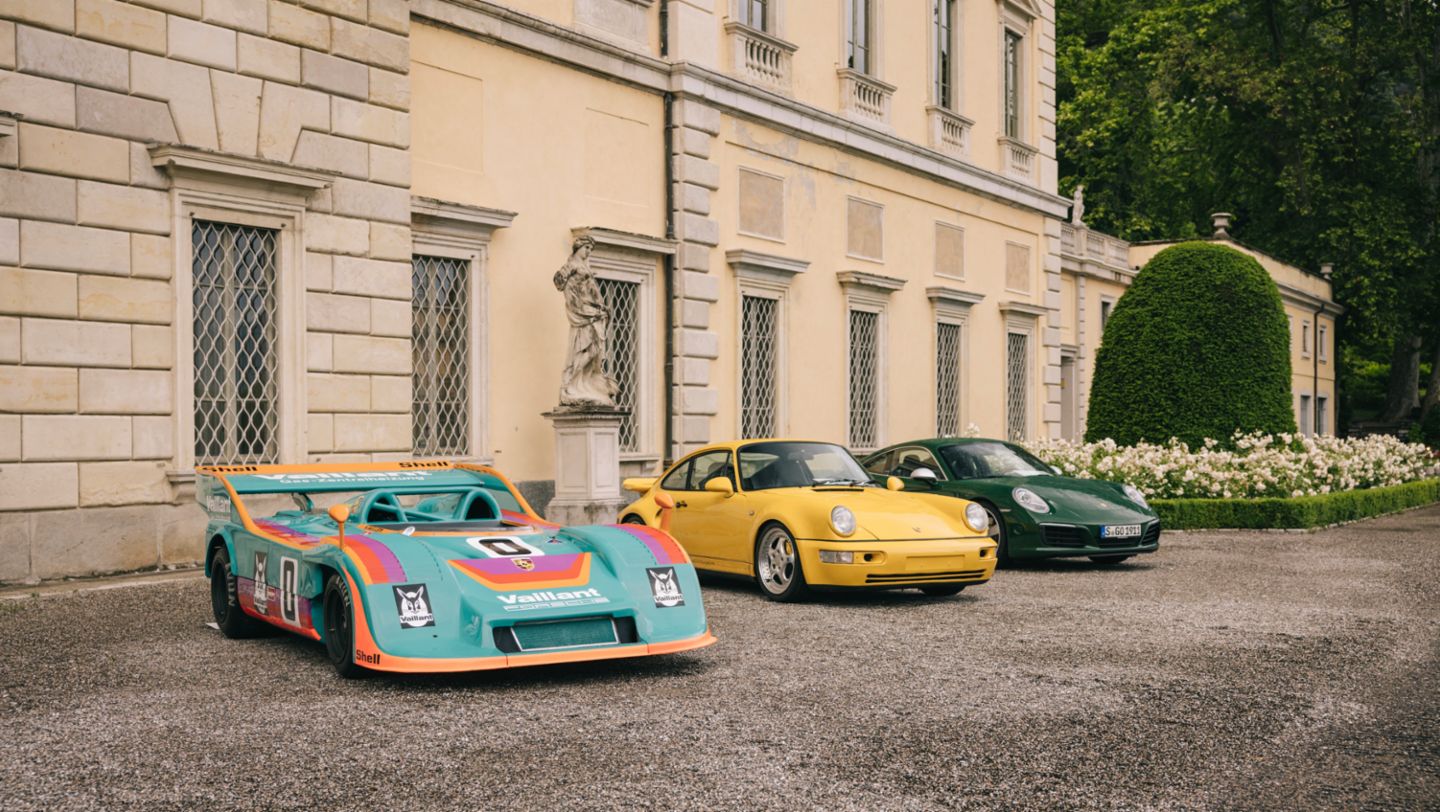 Porsche 917/30 Spyder, Porsche 911 Turbo S (964), Porsche 911 „1 Million" (991.2), Fuori Concorso, Villa Olmo, Italien, 2023, Porsche AG