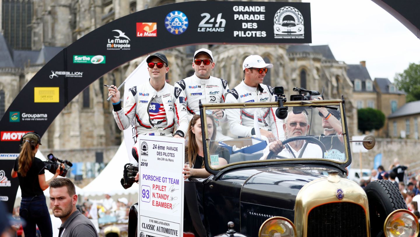 Earl Bamber, Nick Tandy, Patrick Pilet, l-r, drivers parade, Le Mans, 2018, Porsche AG