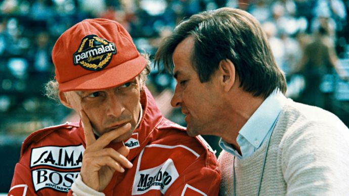 Niki Lauda, Hans Mezger, l-r, 1984, Porsche AG