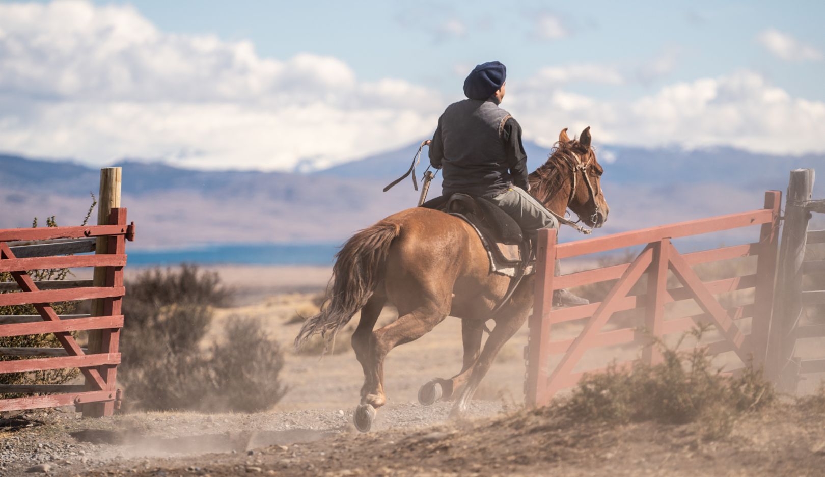 Como em outros tempos: Um gaúcho da Estancia Cerro Guido cavalga no deserto.
