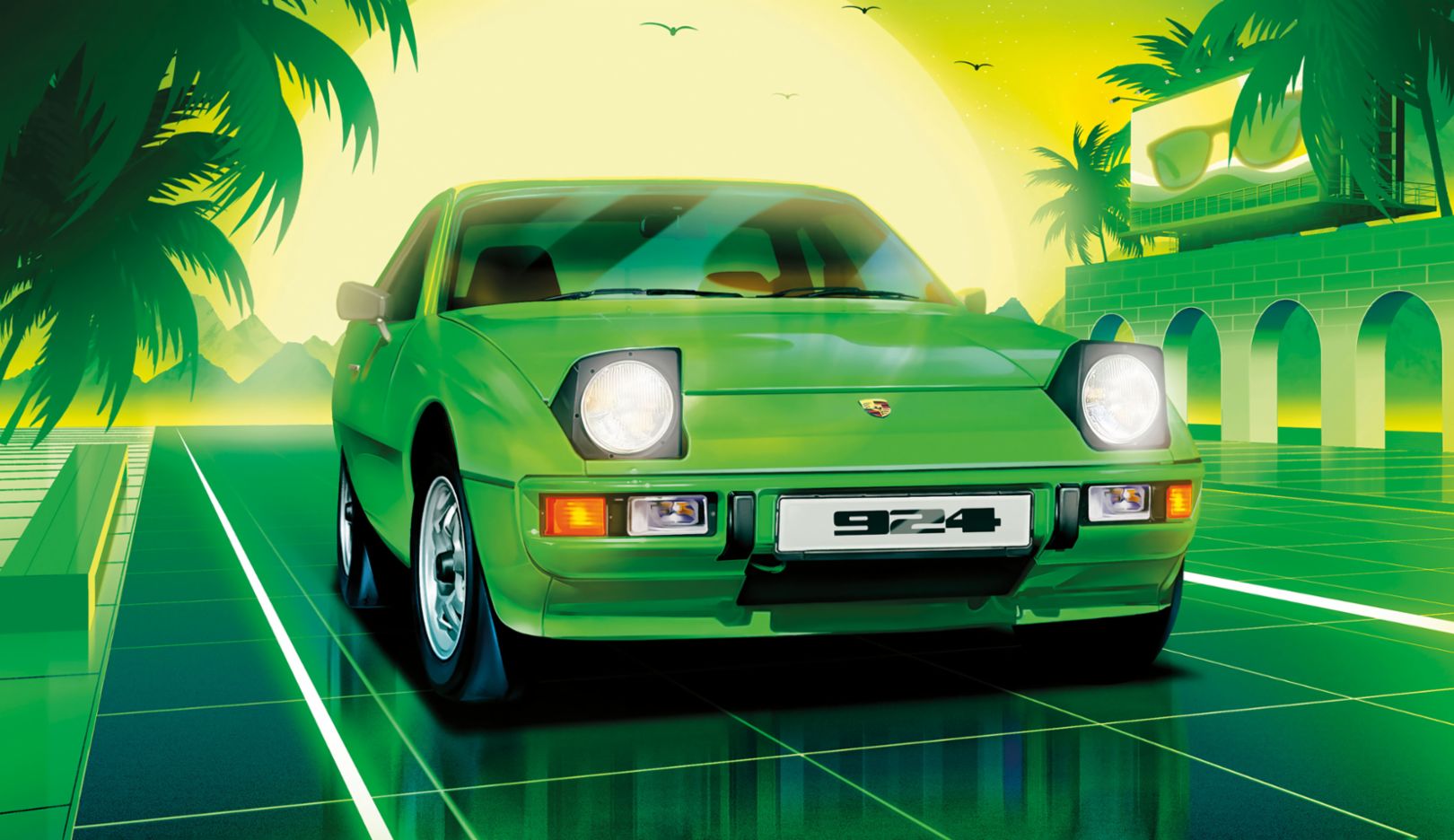A nostalgic, neon-colored portrayal of a green Porsche 924 against a tropical landscape with palm trees and a green sunset.