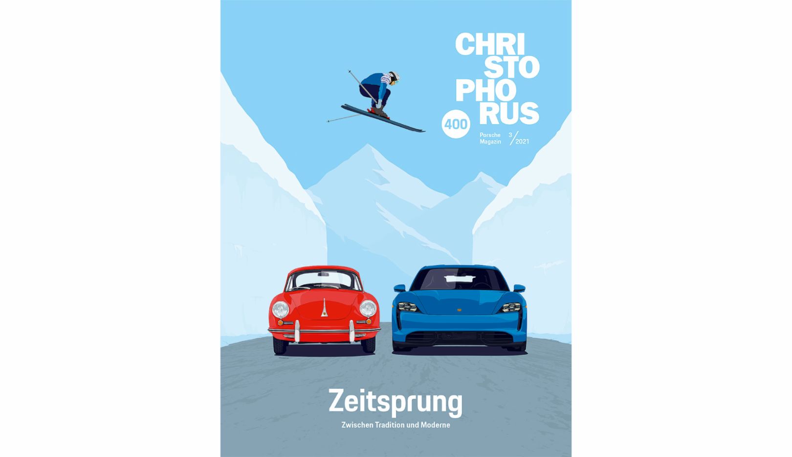 Das aktuelle Cover zeigt die Neuinterpretation des ikonischen Skisprungs über einen Porsche 356 – hier mit dem Porsche Taycan Turbo. Im Entstehungsprozess des Titelbilds für die Jubiläumsausgabe experimentierte Illustrator Jeffrey Docherty und verfolgte verschiedene Ansätze.