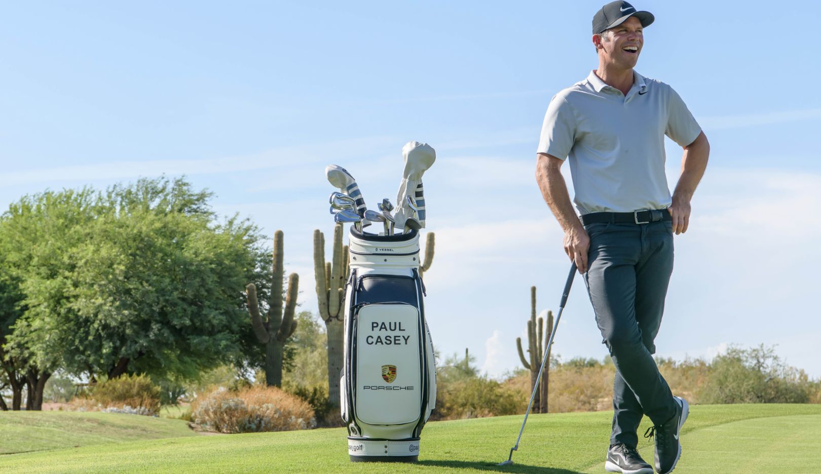 A man and his bag: Englishman Paul Casey playing on the North American PGA Tour. He has been a professional golfer for the past twenty years.