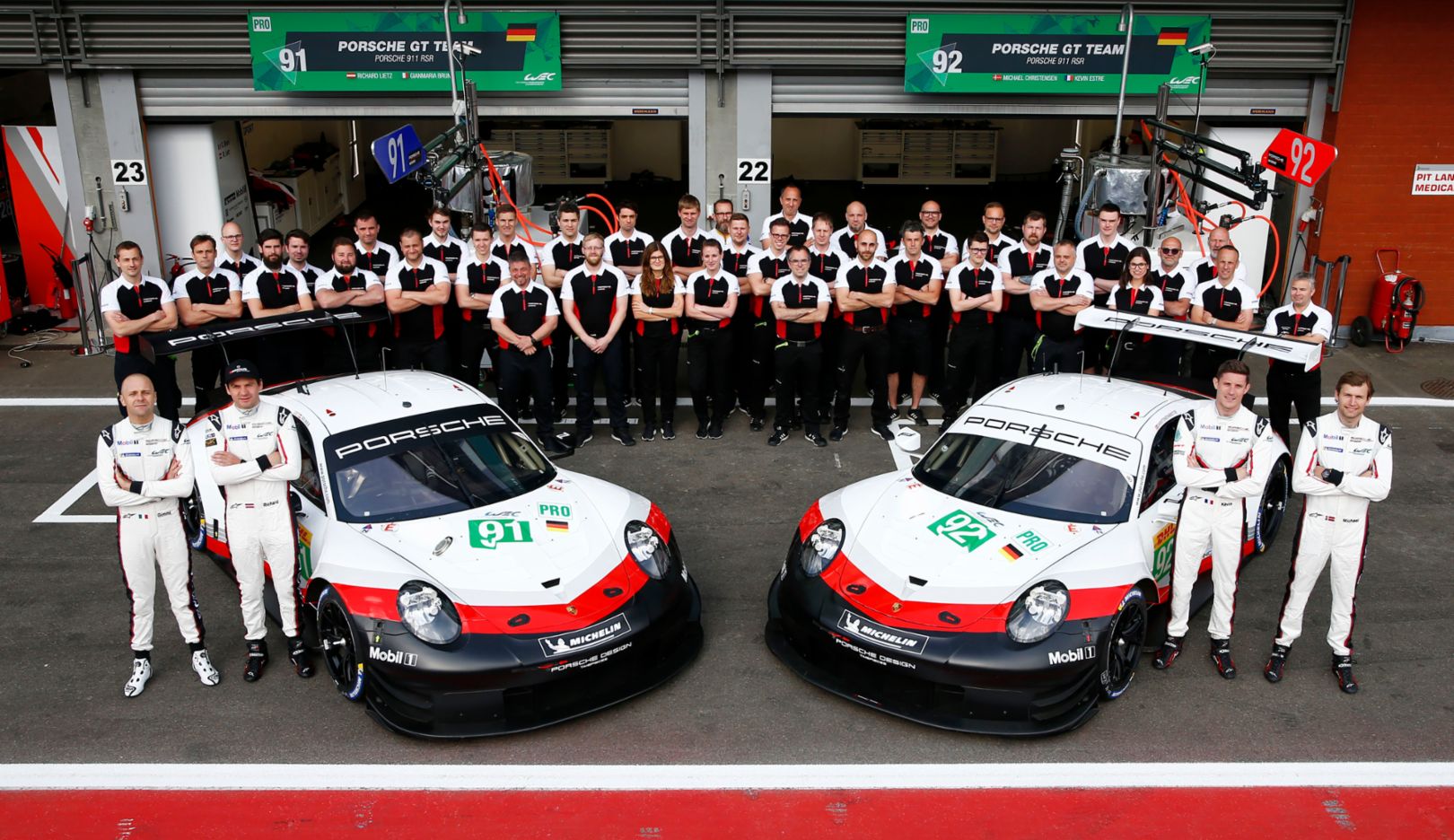 Porsche GT Team: Gianmaria Bruni, Richard Lietz, Kevin Estre, Michael Christensen, l-r, Spa-Franchorchamps, FIA WEC, 2019, Porsche AG
