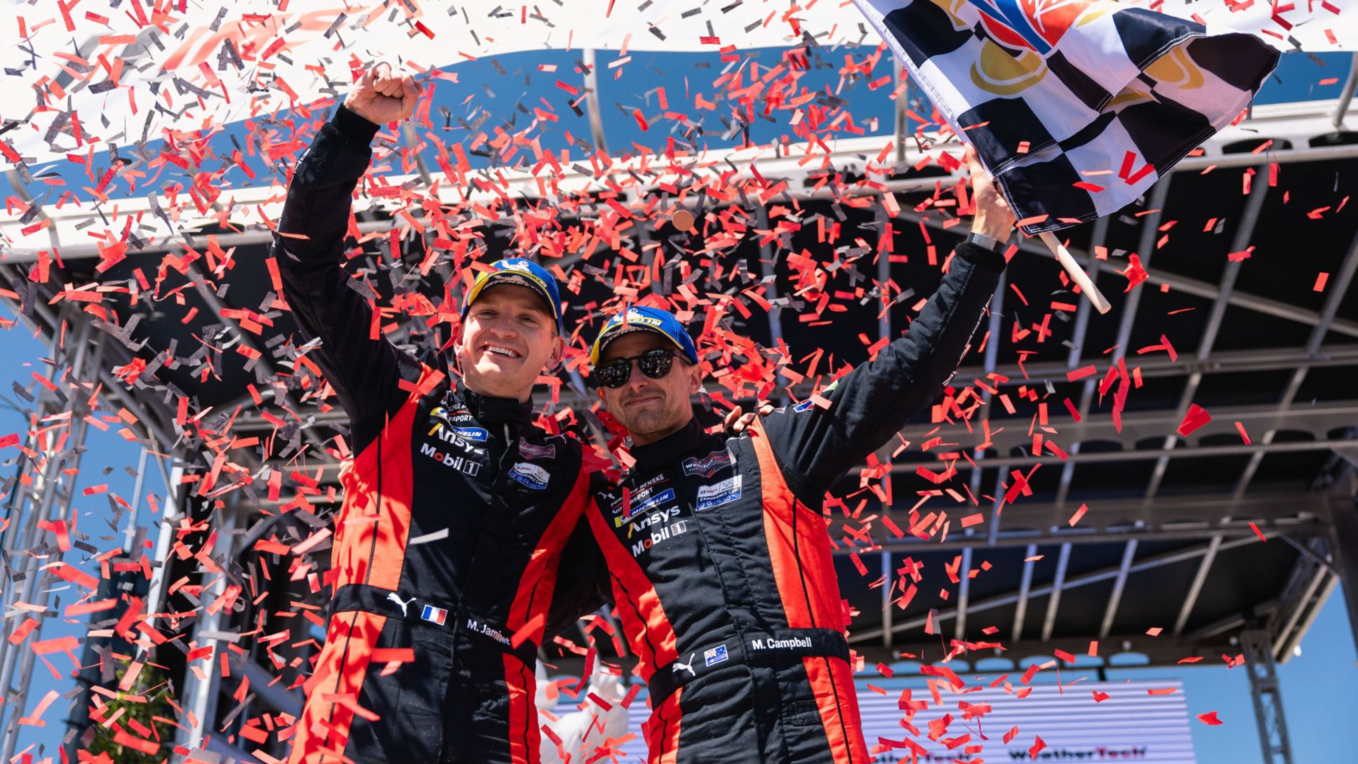 Mathieu Jaminet (FRA) y Matt Campbell (Australia) (i-d), Porsche Penske Motorsport (nº 6), Laguna Seca, campeonato IMSA, 2025, Porsche AG