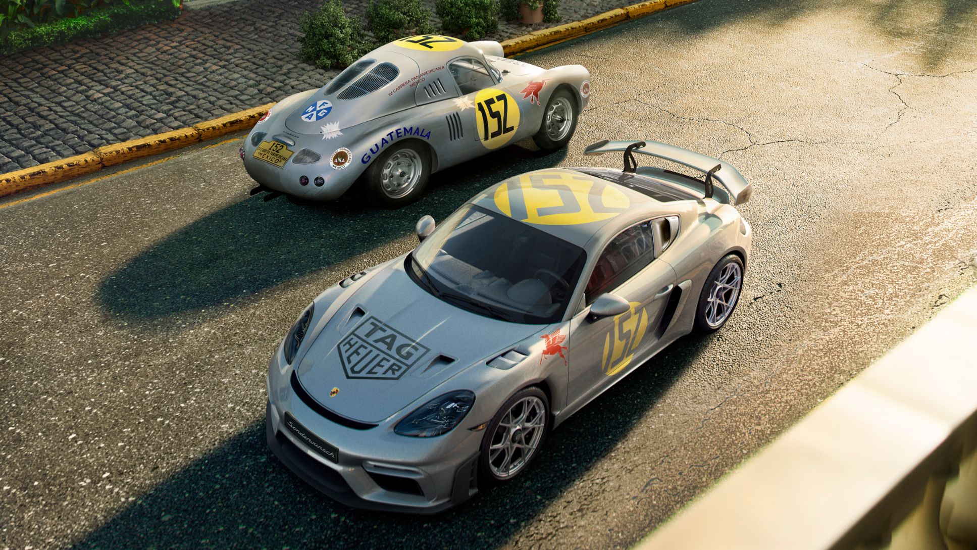 El Porsche 718 Cayman GT4 RS Carrera Panamericana Special y el Porsche 550 Spyder Coupé, rotulados con el número de competencia 152, Porsche de México, 2023.