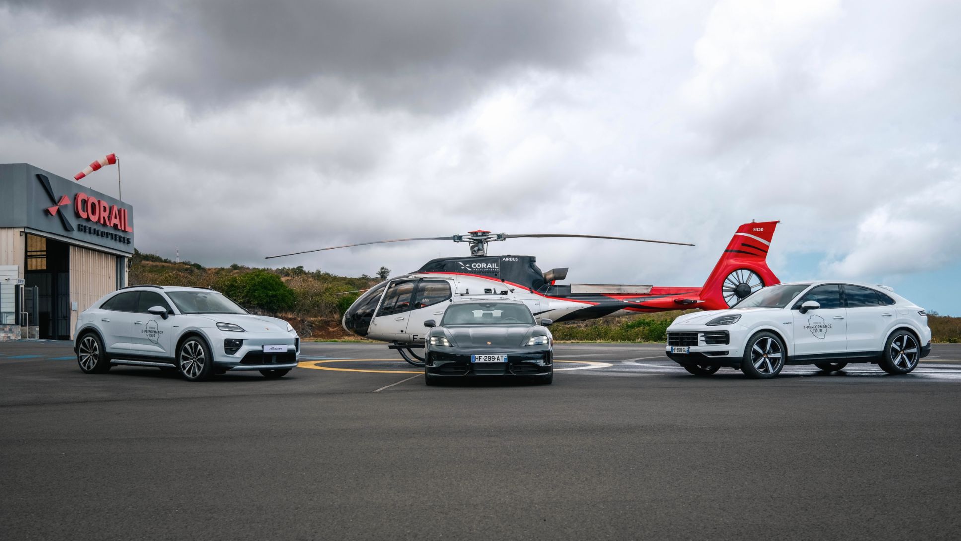 Macan, Taycan 4S, Cayenne Coupé (l-r), E-Performance Tour, La Réunion, 2025, Porsche Middle East