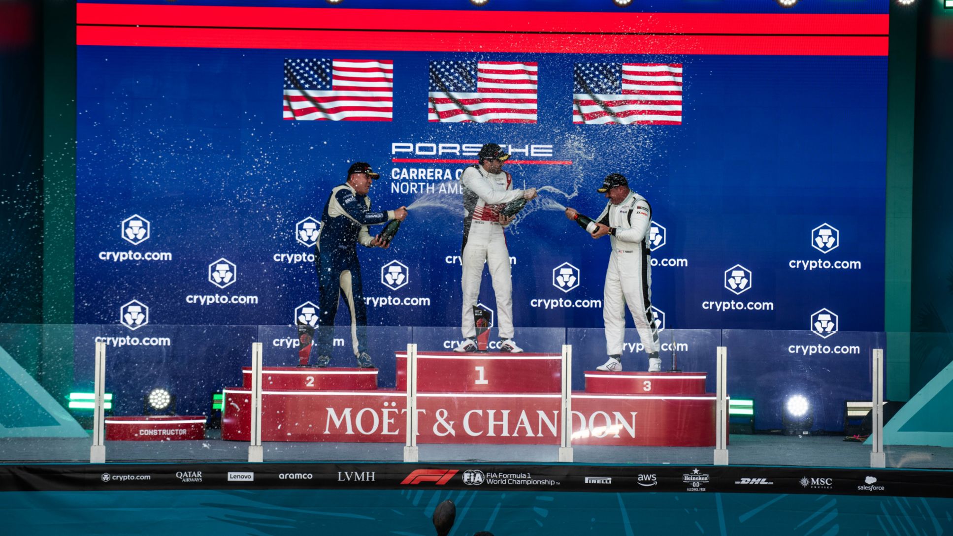 PMNA Miami GP 2025 Podium (L to R) James Sofronas, No. 14 GMG Racing, Pro-Am Winner, Race 1 - Yves Baltas, No. 15 ACI Motorsports. Pro Winner, Races 1 and 2 - Todd Parriott, No. 13 Kellymoss. Masters Winner, Race 1