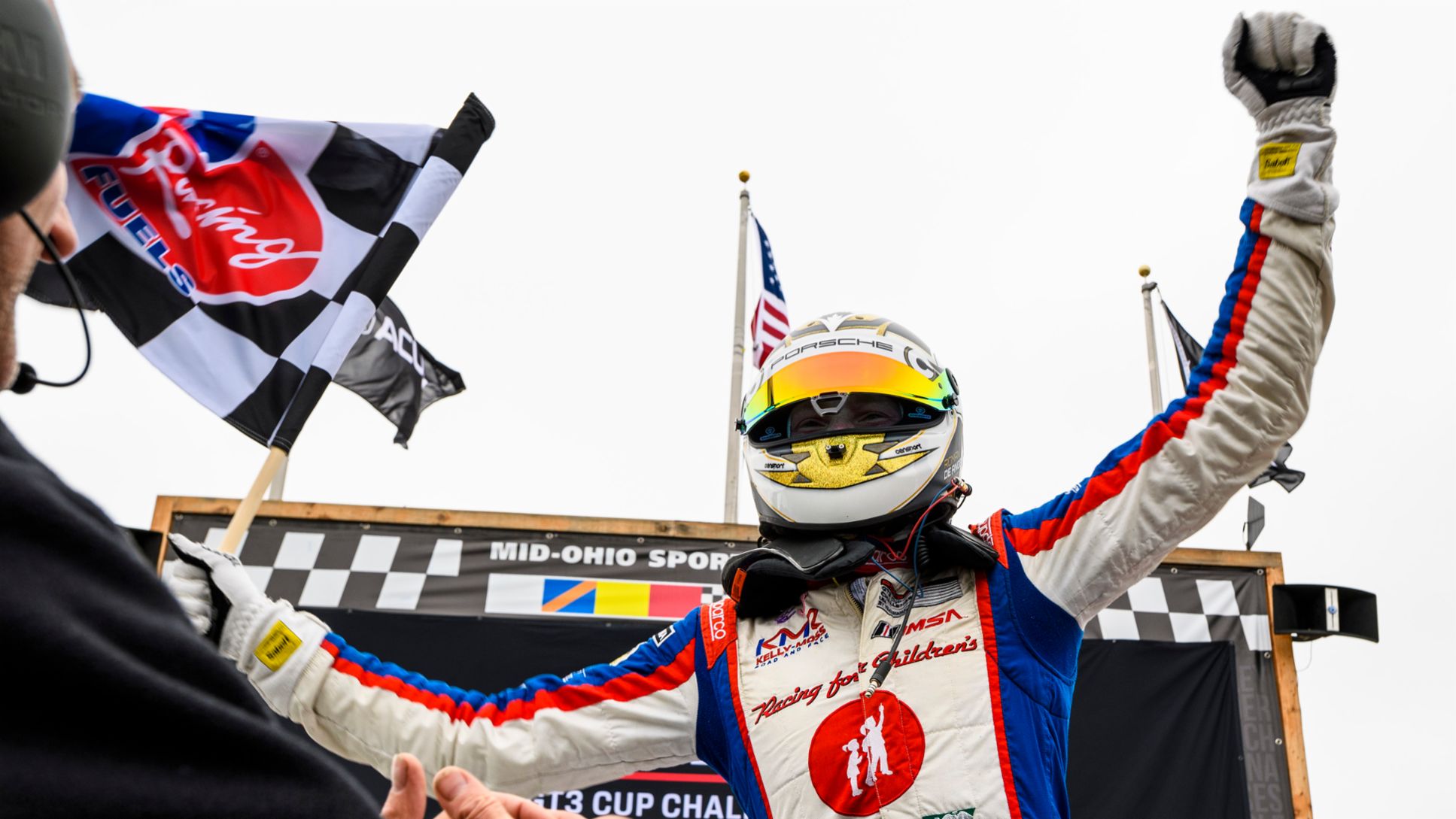 Roman De Angelis celebrates IMSA Porsche GT3 Cup Challenge USA by Yokohama Mid-Ohio Race 2 victory, 2019, PCNA