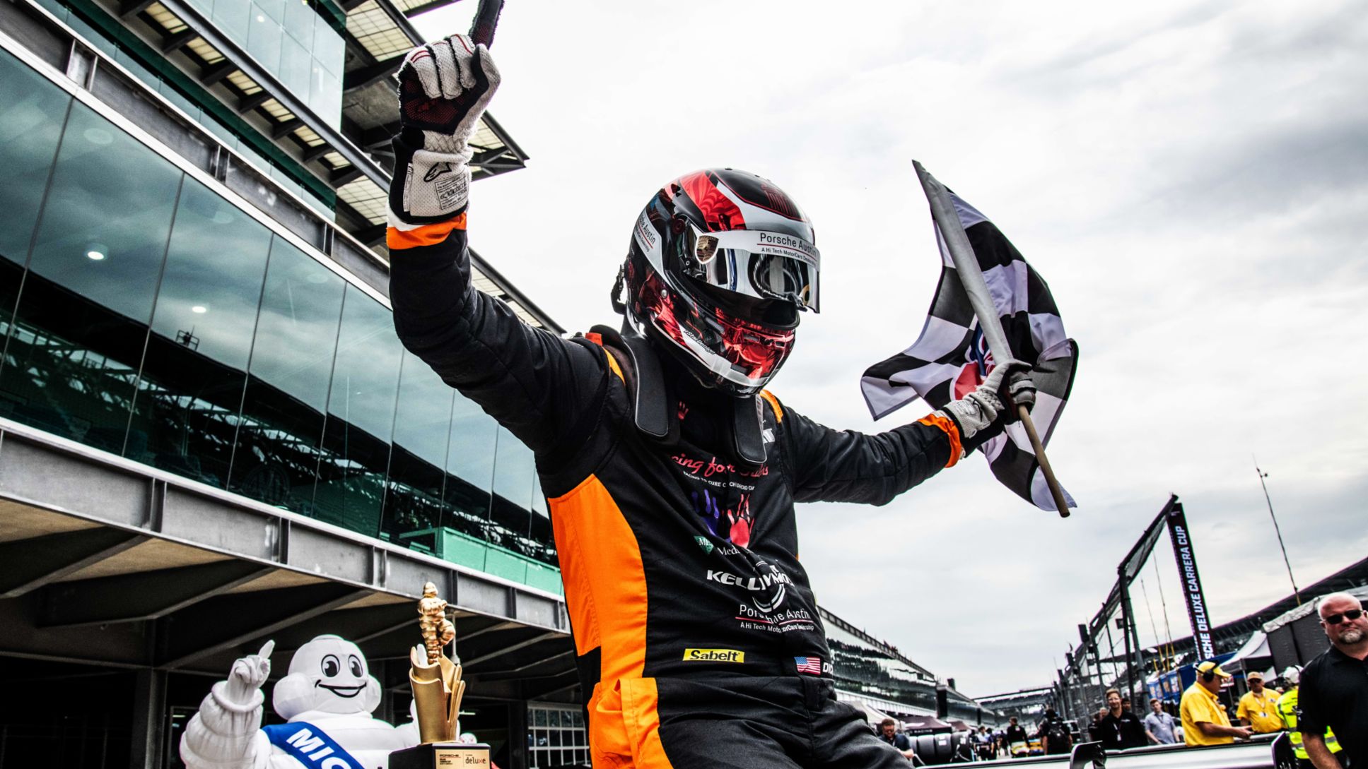 Riley Dickinson celebrates 2023 Porsche Deluxe Carrera Cup North America victory