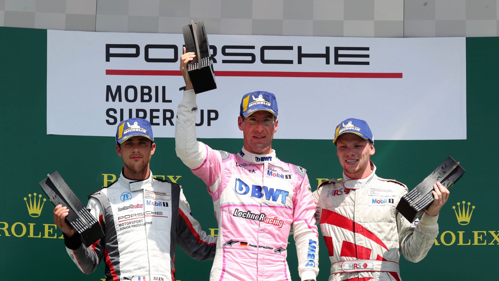 Julien Andlauer, Michael Ammermüller, Larry ten Voorde, l-r, Porsche Mobil 1 Supercup, race, Budapest, 2019, Porsche AG