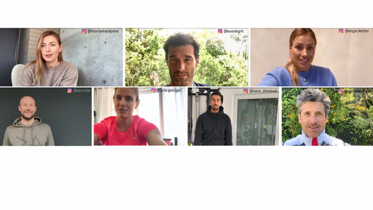 Maria Sharapova, Mark Webber, Angelique Kerber, Aksel Lund Svindal, Julia Görges, Sami Khedira, Patrick Dempsey (i-d), embajadores de Porsche, 2020, Porsche AG
