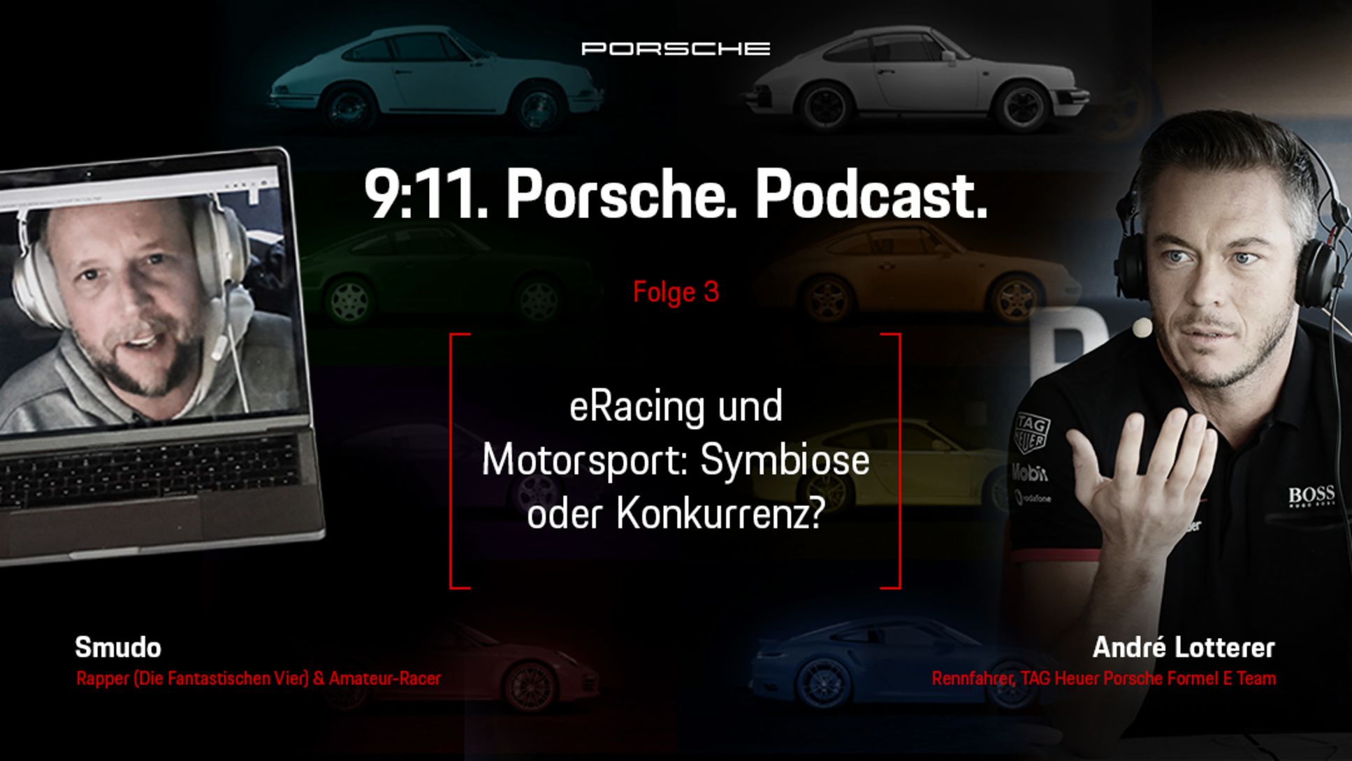 Smudo, Rapper, André Lotterer, Porsche-Werksfahrer, l-r, Podcast „9:11“, 2020, Porsche AG