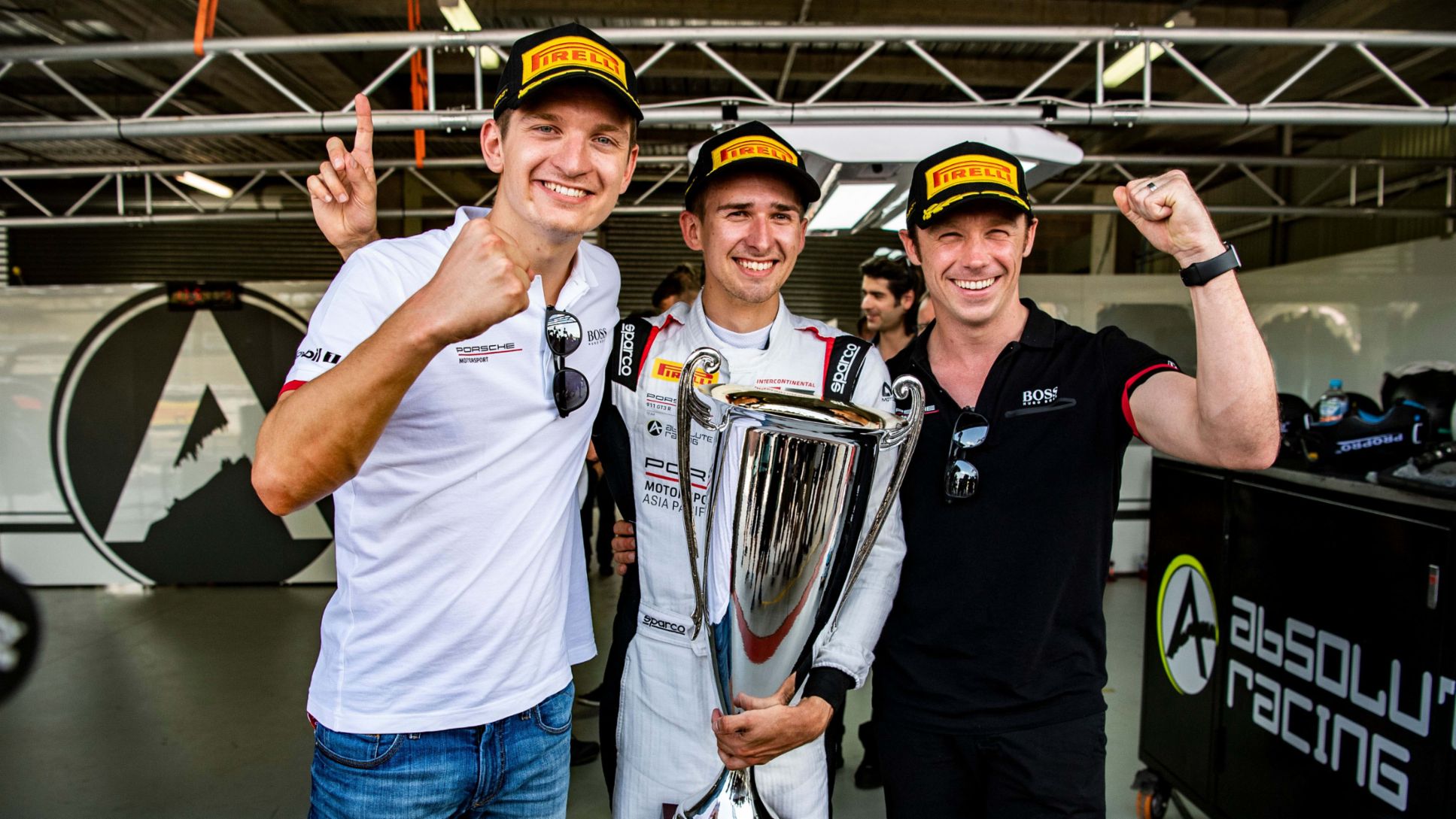 Mathieu Jaminet, Matt Campbell, Patrick Pilet, l-r, Intercontinental GT Challenge, Bathurst 12 Hour, Australia, 2020, Porsche AG