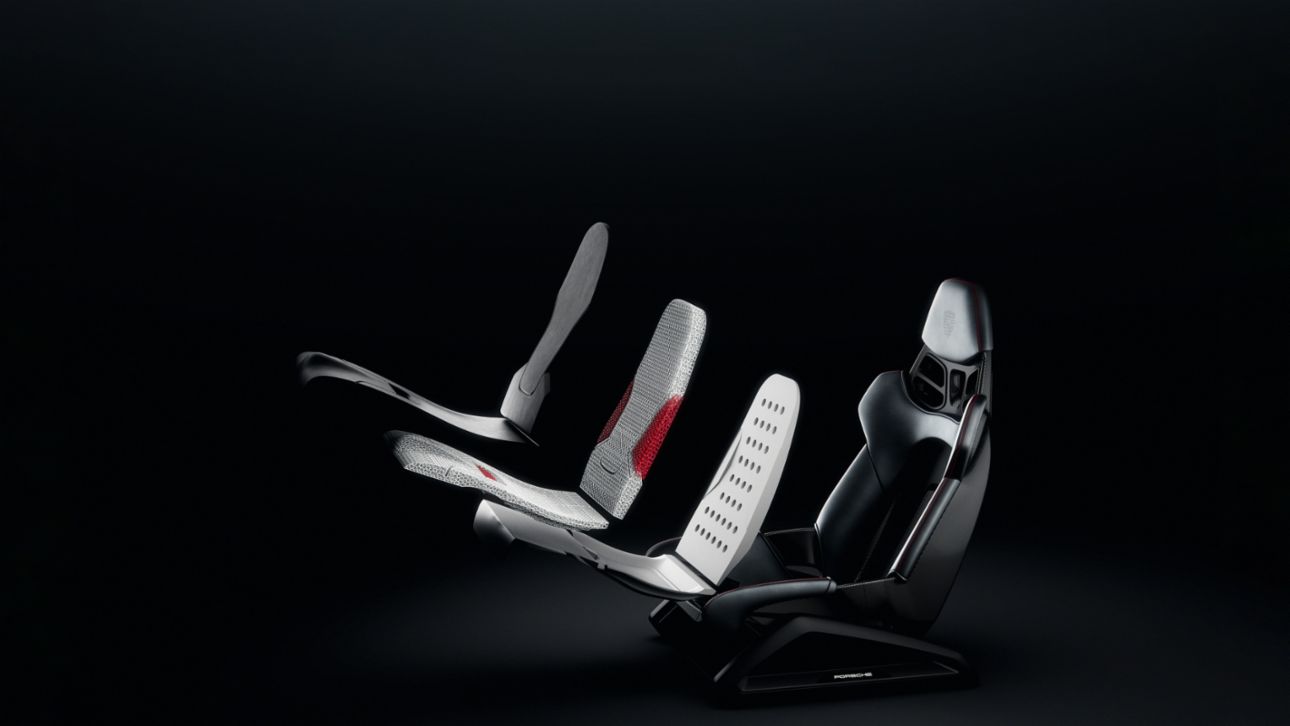 Estudio conceptual de asiento tipo baquet impreso en 3D. Estructura modular con capas individuales, 2020, Porsche AG