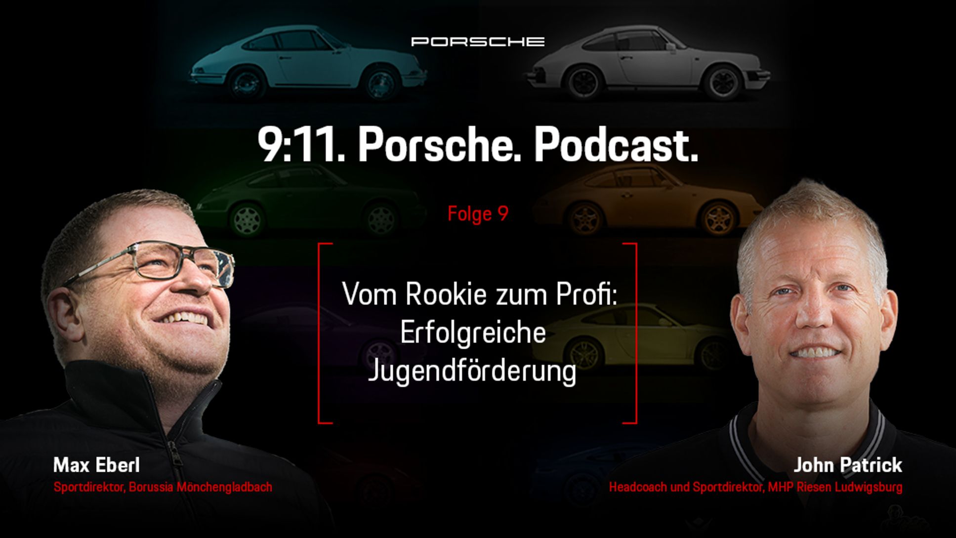 Max Eberl, Sportdirektor von Borussia Mönchengladbach, John Patrick, Headcoach und Sportdirektor der MHP Riesen Ludwigsburg, l-r, Podcast 9:11, Folge 9, 2021, Porsche AG