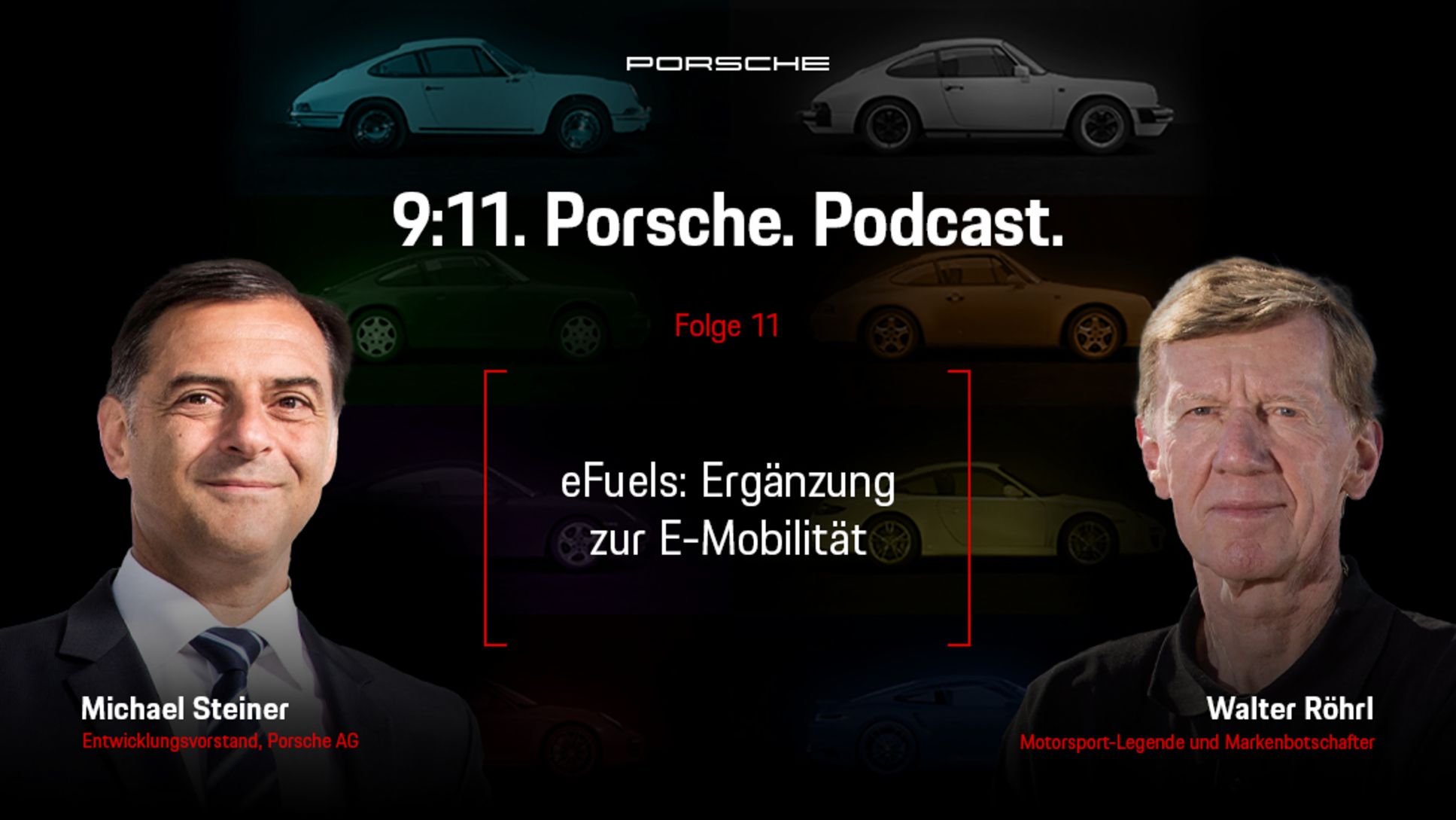 Michael Steiner, Entwicklungsvorstand der Porsche AG, Walter Röhrl, Porsche-Markenbotschafter, l-r, 9:11 Podcast, 2021, Porsche AG
