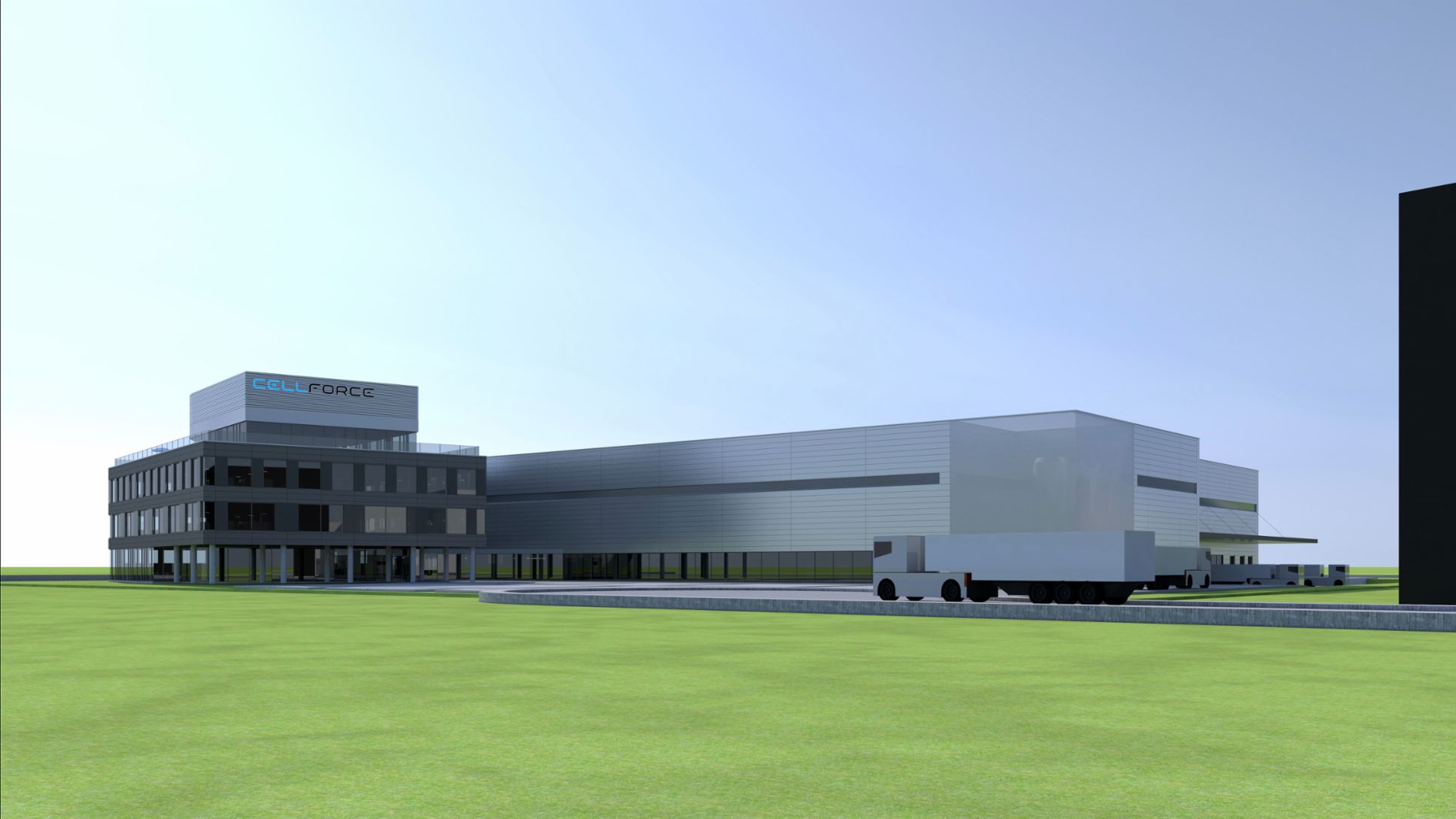 Visualisierung des Produktionsstandorts der Cellforce Group GmbH, Reutlingen-Nord/Kirchentellinsfurt, 2021, Porsche AG