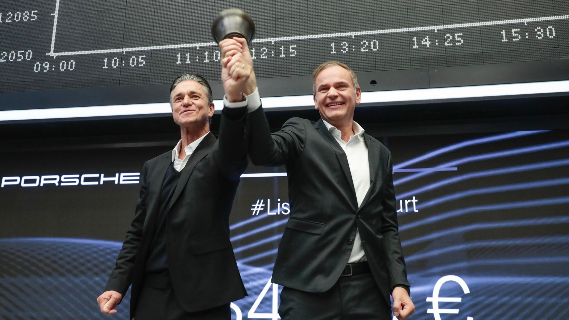 Lutz Meschke, Deputy Chairman of the Executive Board and Member of the Executive Board for Finance and IT at Porsche AG, Oliver Blume, Chairman of the Executive Board of Porsche AG, l-r, Frankfurt Stock Exchange, IPO, Frankfurt am Main, Germany, 2022, Porsche AG