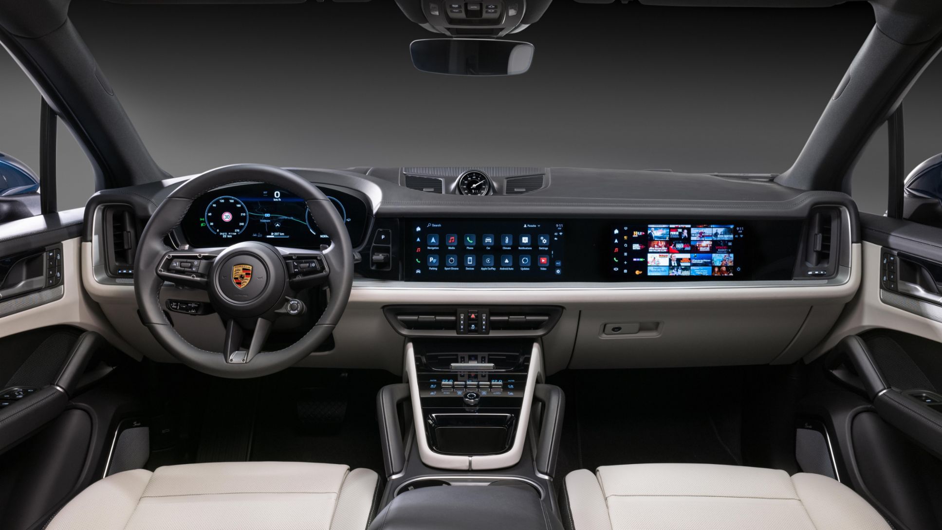  cockpit view of 2024 Porsche Ceyenne Leather in black/Mojave Beige Interior 