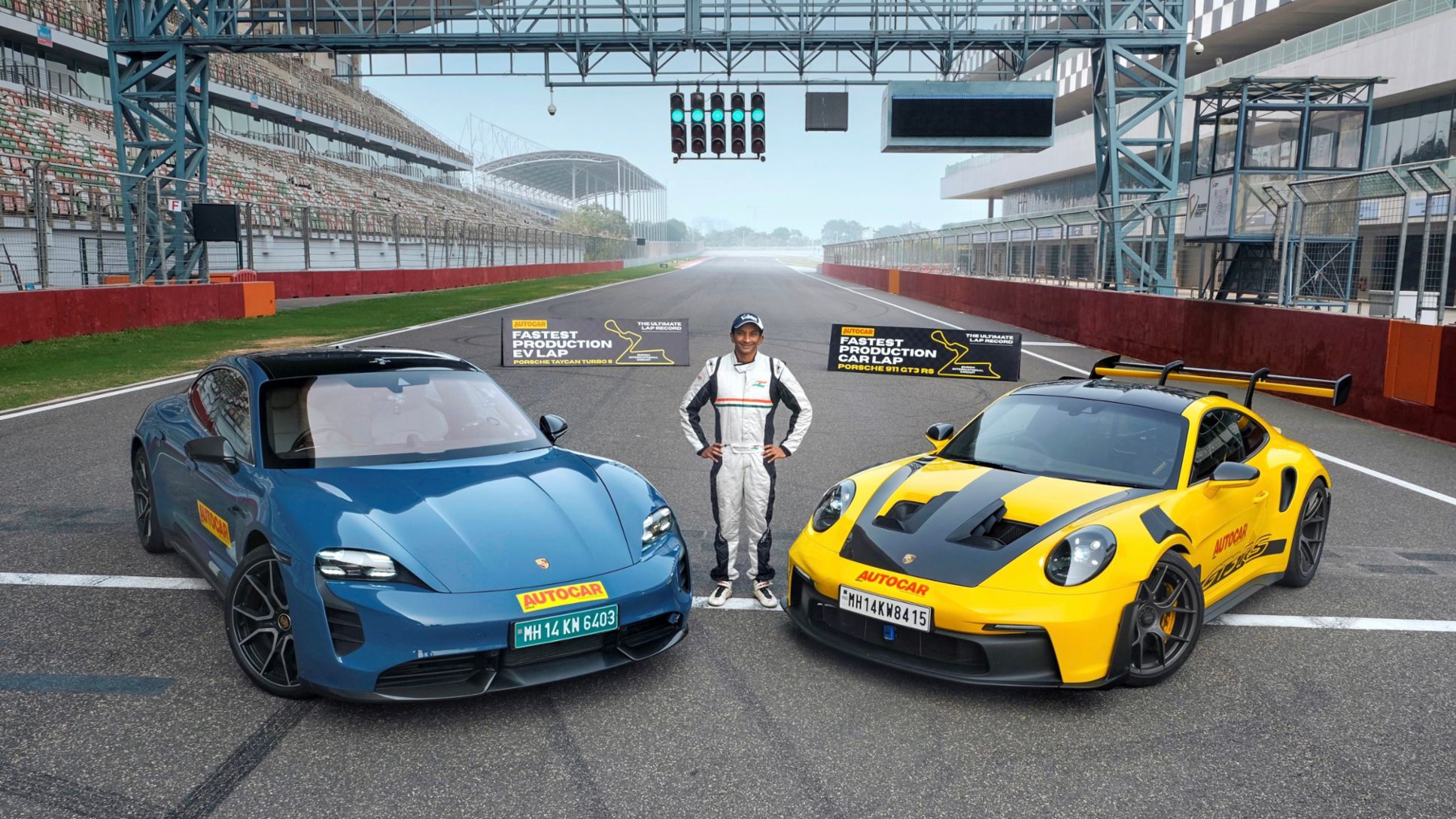 Taycan Turbo S, 911 GT3 RS, Narain Karthikeyan, Buddh International Circuit, India, 2023, Porsche AG