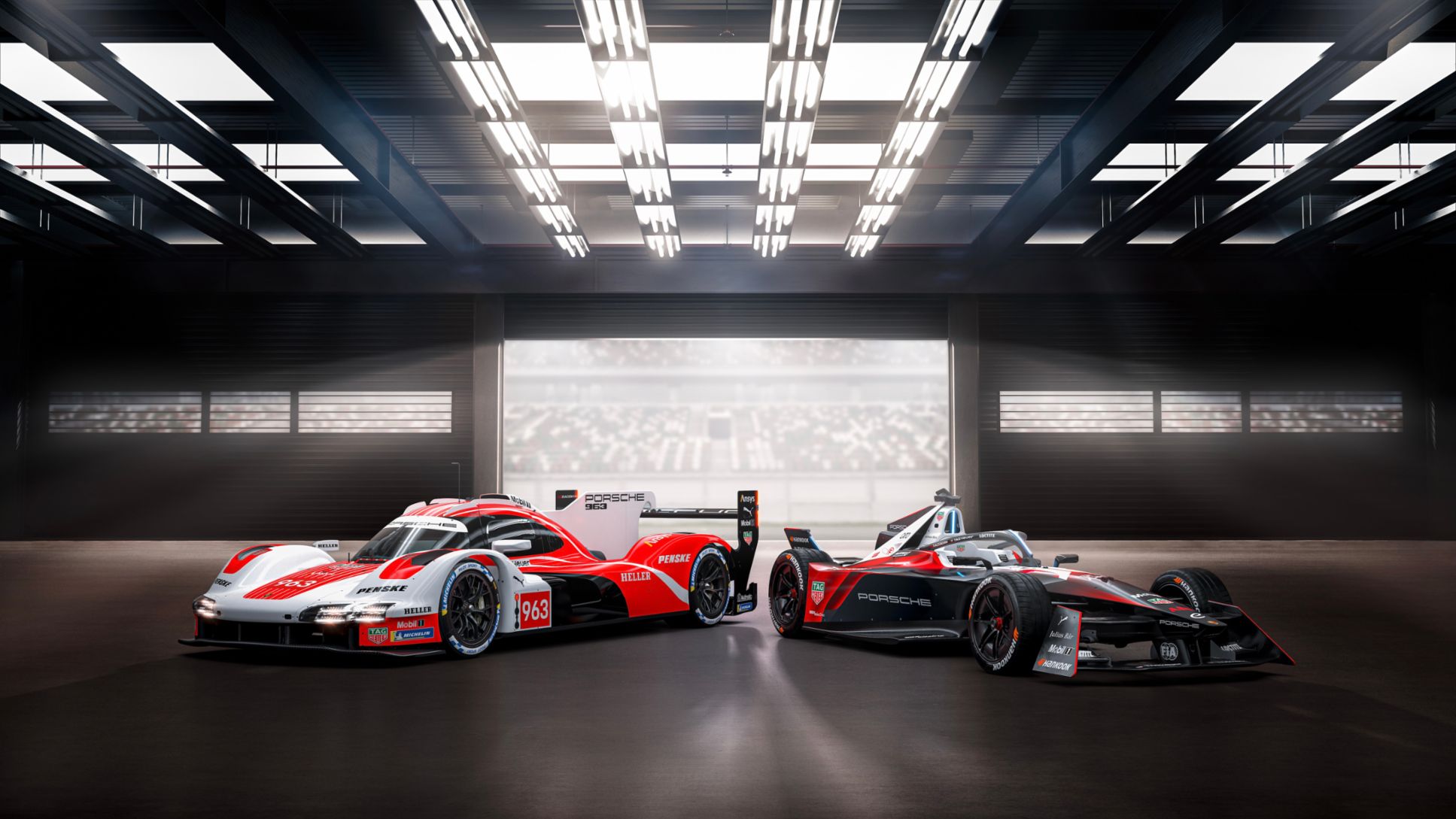 Porsche 963, Porsche Penske Motorsport, Porsche 99X Electric, TAG Heuer Porsche Formula E team(l-r), 2024, Porsche AG