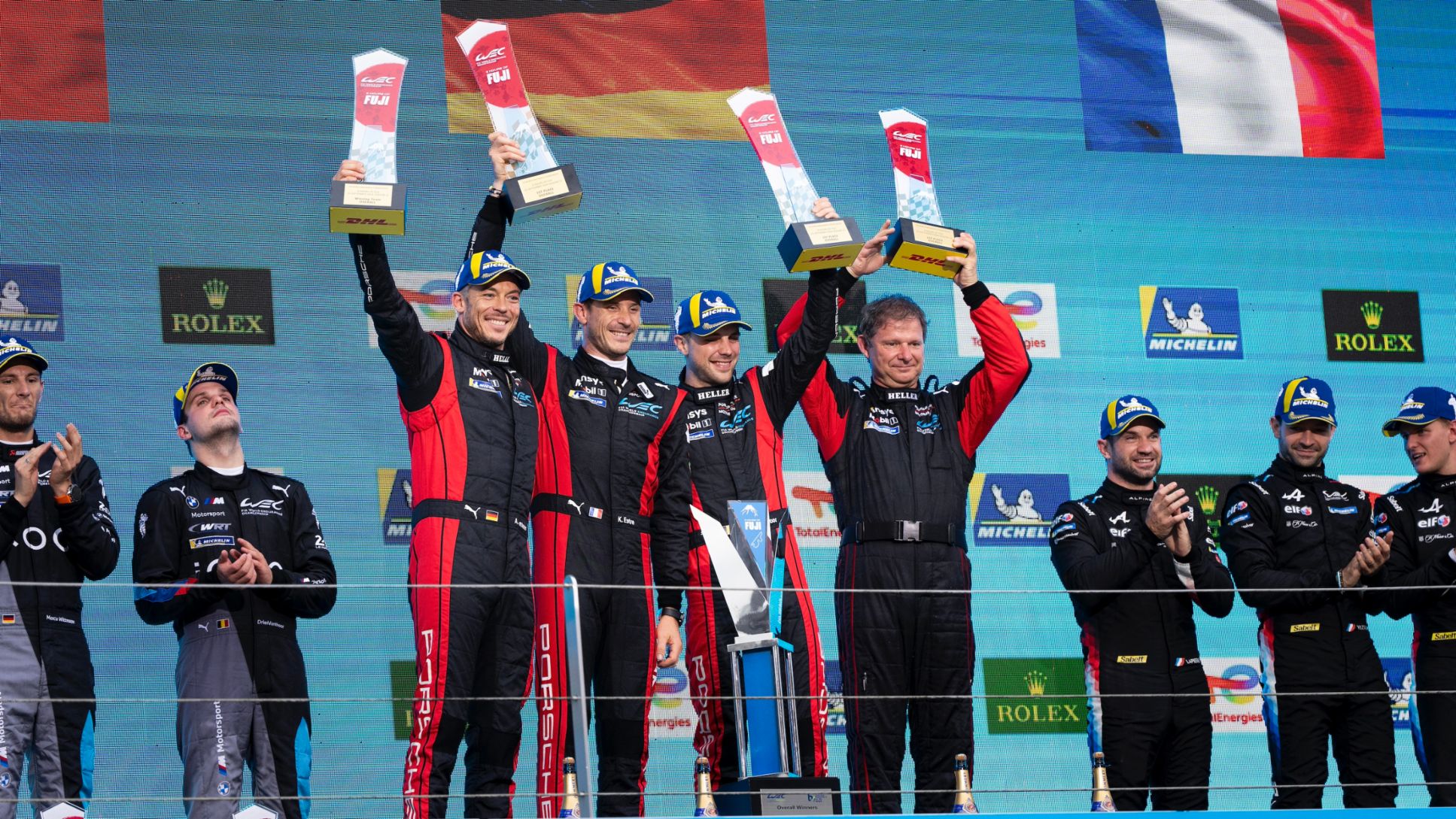 Kevin Estre (F), Andre Lotterer (D), Laurens Vanthoor (B), Francis Schammo, Team Manager (l-r), Porsche Penske Motorsport (#6), FIA WEC, Fuji, Race, 2024, Porsche AG
