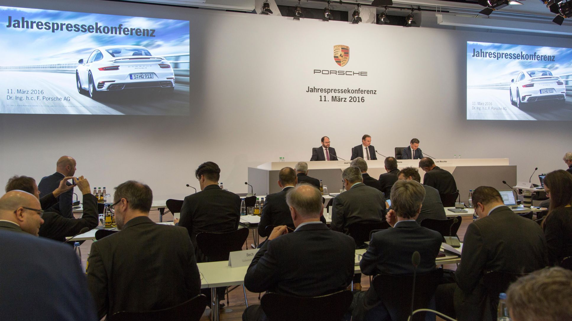 (l-r) Josef Arweck, Vice President Communications, Oliver Blume, CEO, Lutz Meschke, CFO,  Annual press conference 2016, Porsche AG