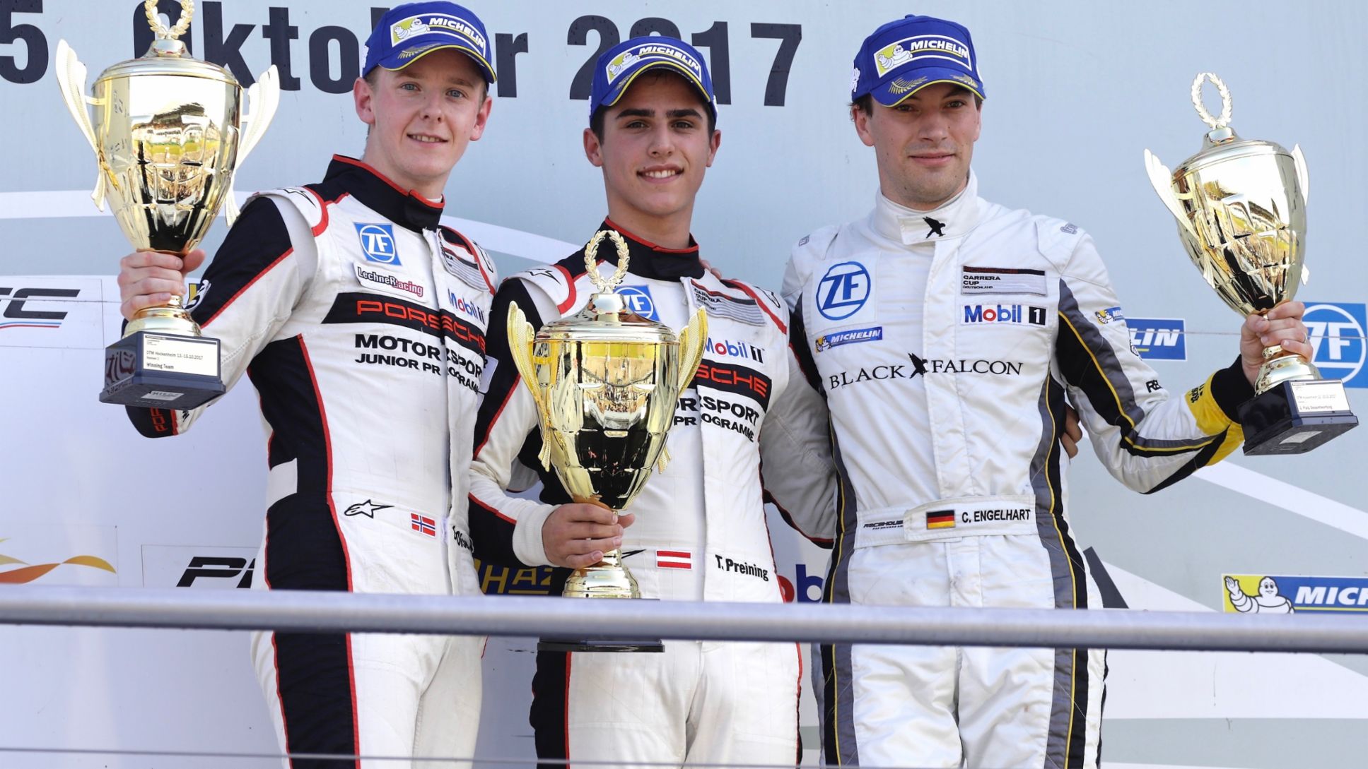 Dennis Olsen, Thomas Preining, Christian Engelhart, l-r, Porsche Carrera Cup Deutschland, Hockenheimring, 2017, Porsche AG