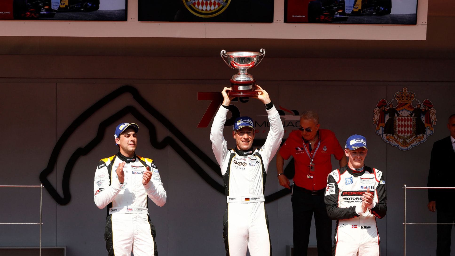 Dan Cammish (GB), Michael Ammermüller (D), Dennis Olsen (N), l-r, Porsche Mobil 1 Supercup, victory ceremony, Monaco, 2017, Porsche AG