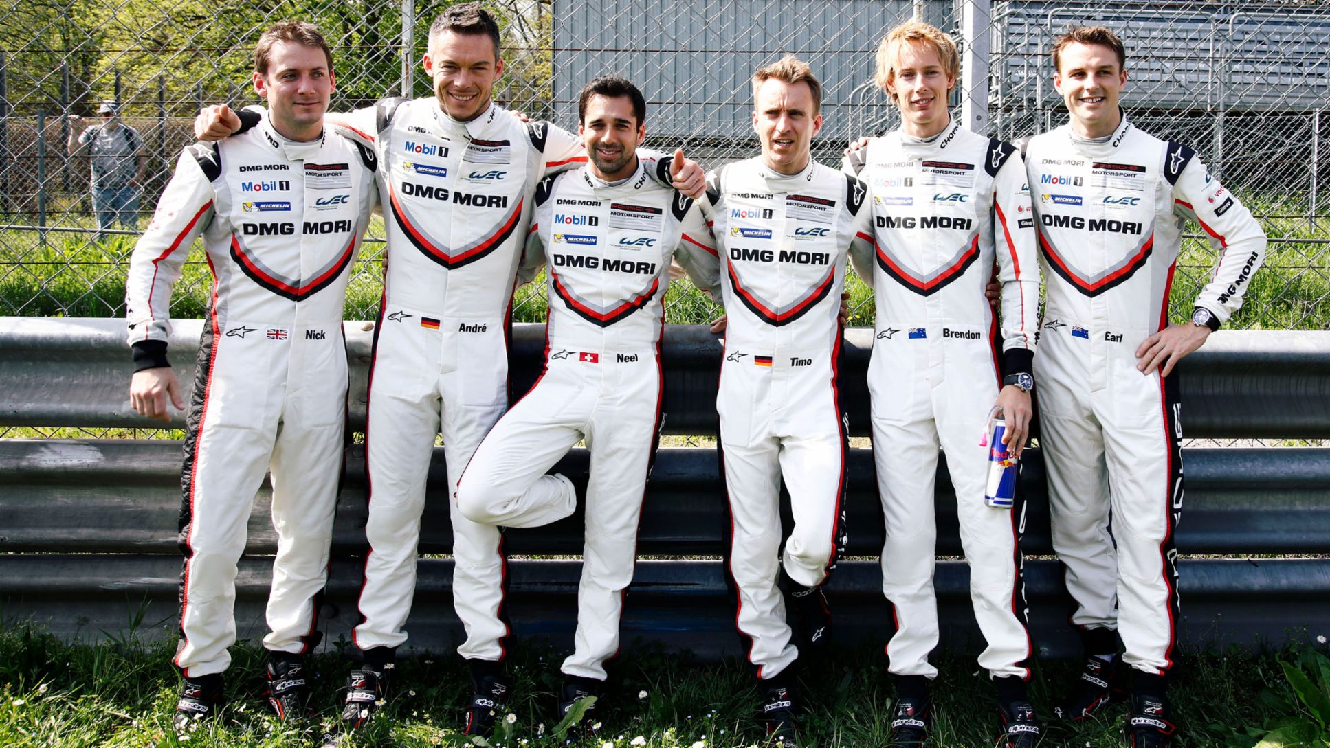 Nick Tandy, Andre Lotterer, Neel Jani, Timo Bernhard, Brendon Hartley, Earl Bamber, l-r, LMP-Werksfahrer, 2017, Porsche AG