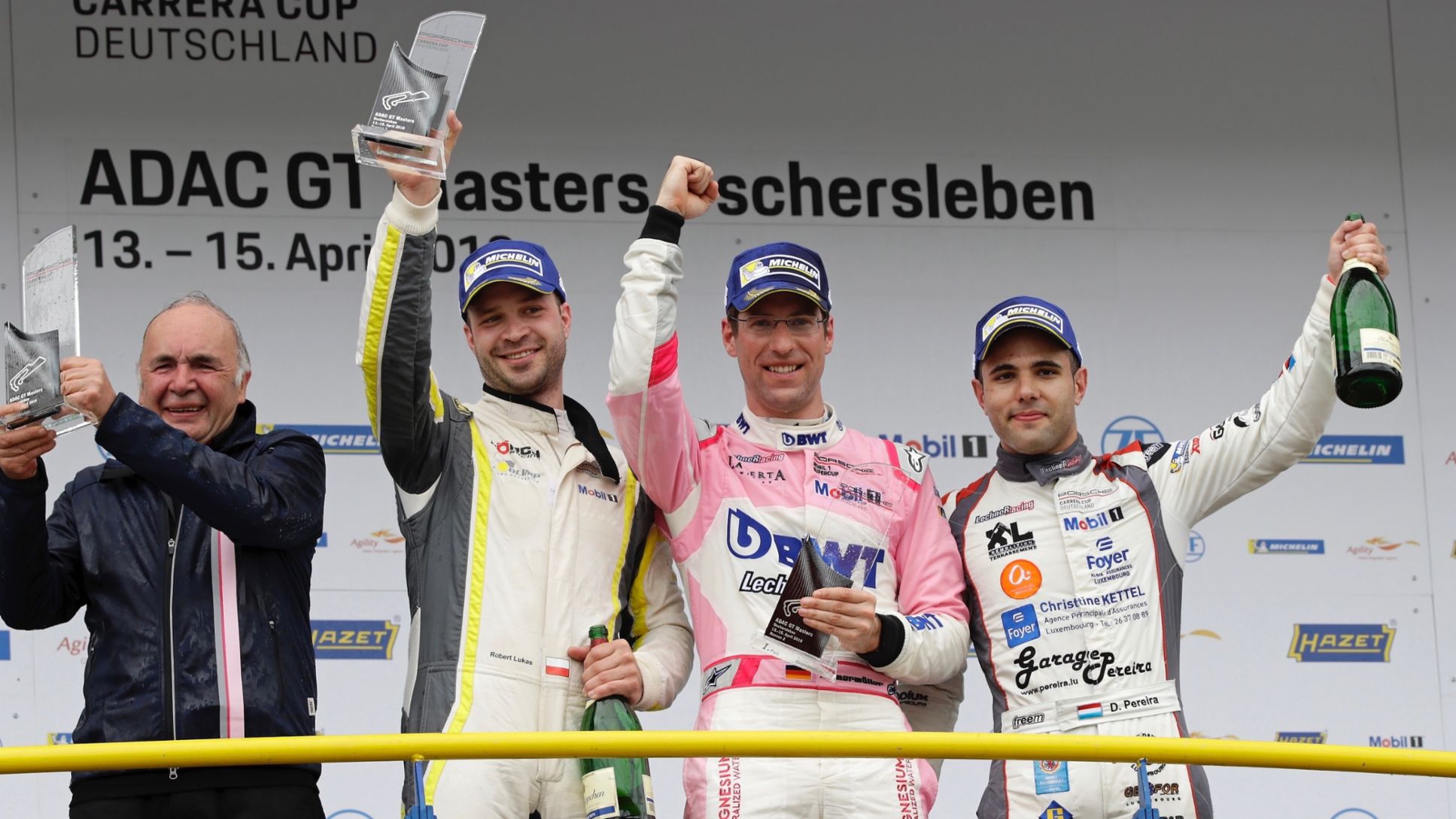 Franz Maier, Dylan Pereira, Michael Ammermüller, Robert Lukas, l-r, Porsche Carrera Cup Deutschland, Oschersleben, 2018, Porsche AG 