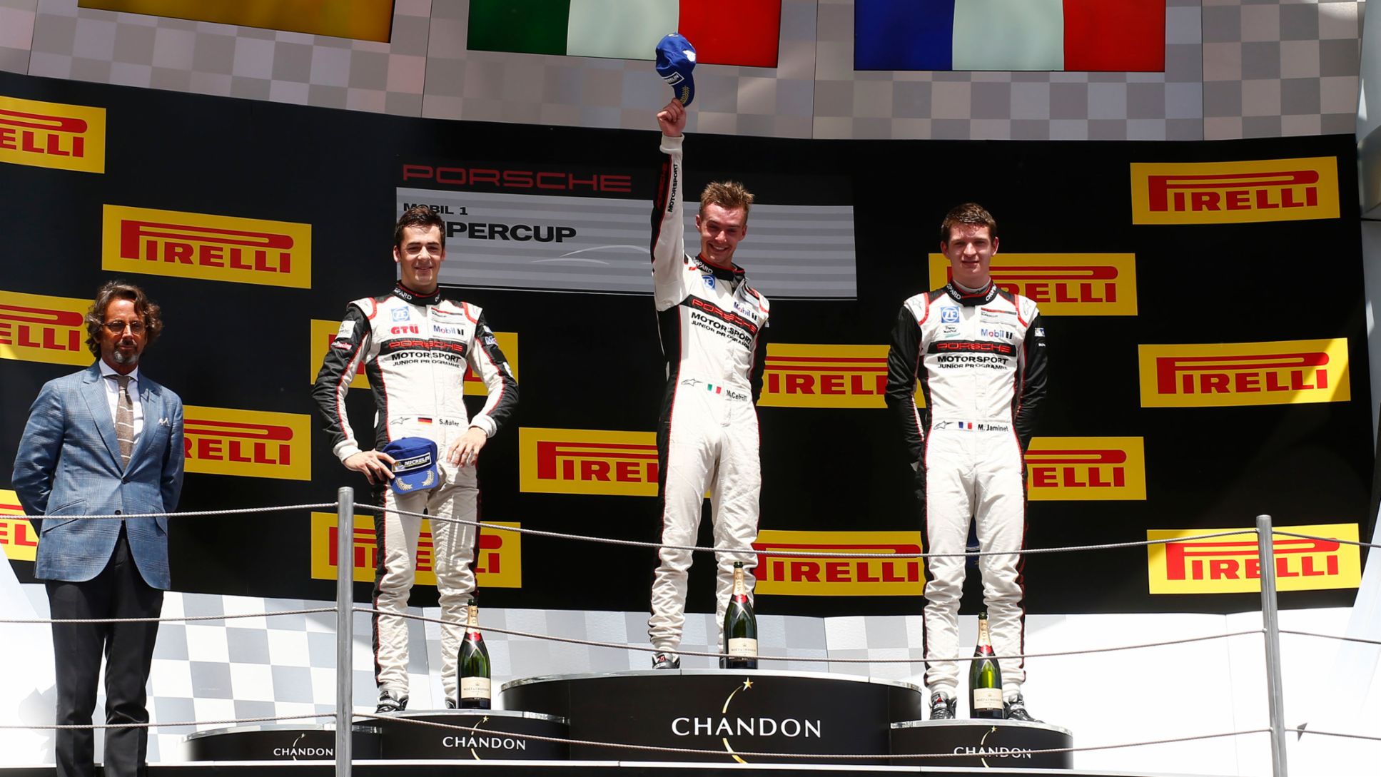Sven Müller, Matteo Cairoli, Mathieu Jaminet, l-r, Porsche Mobil 1 Supercup, Barcelona, 2016, Porsche AG