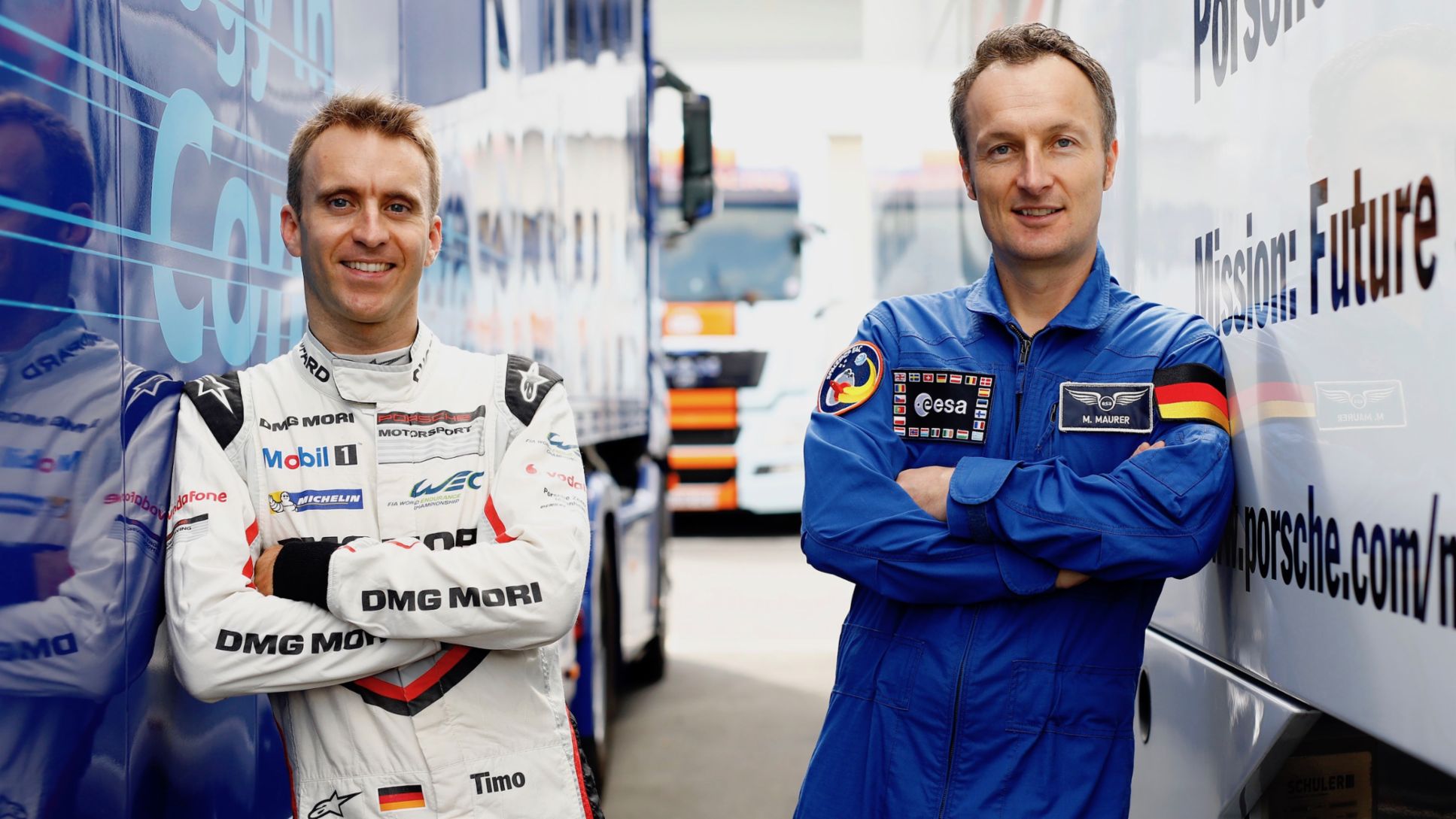 Timo Bernhard, Porsche LMP1 driver, Matthias Maurer, astronaut, l-r, 2017, Porsche AG