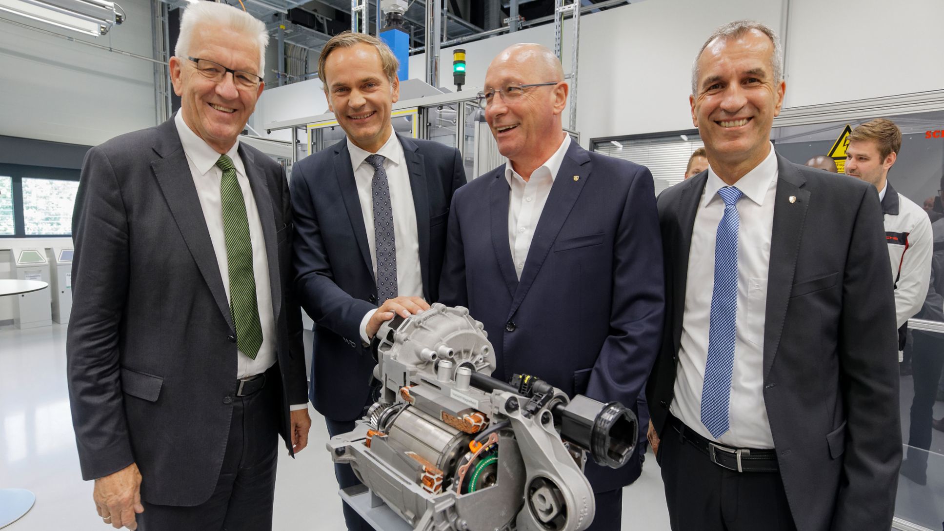 Winfried Kretschmann, Minister-President of Baden-Württemberg, Oliver Blume, Chairman of the Executive Board at Porsche, Uwe Hück, Chairman of the Group Works Council, Albrecht Reimold, Member of the Executive Board for Production and Logistics, l-r, Stuttgart, 2017, Porsche AG