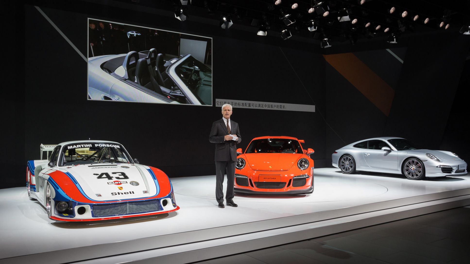  Matthias Mueller, CEO, 935/78 “Moby Dick”, 911 GT3 RS, 911 Carrera Style Edition,  Shanghai autoshow, 2015, Porsche AG