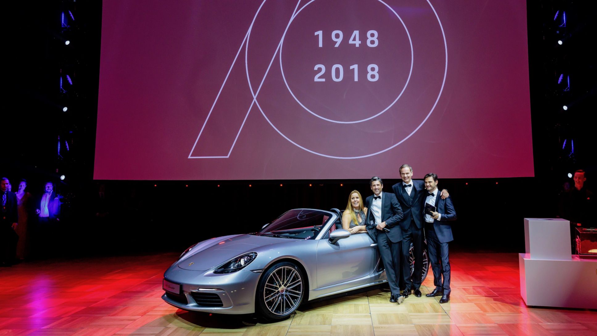 Yvonne Franke, Patrick Dempsey, Oliver Blume, Lenn Kudrjawizki, l-r, 718 Boxster, Leipzig Opera Ball, 2018, Porsche AG