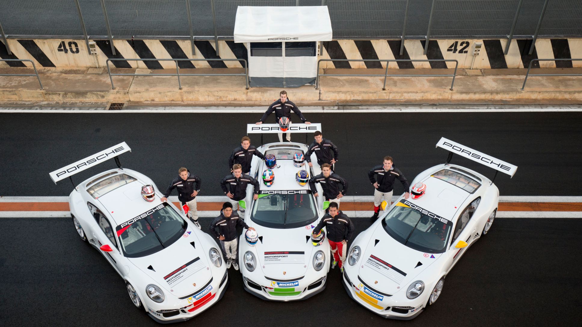 Porsche Motorsport International Cup Scholarship, Valencia: Porsche 911 GT3 Cup (l-r) Come Ledogar (F), Ryo Ogawa (J), Matteo Cairoli (I), Sam Power (AUS), Oscar Palm (S), Michael Lewis (USA), Tom Dillmann (F), Alif Hamdan (MY), Josh Webster (GB)
<br/>
<br/>
<br/>
<br/>
<br/>
<br/>
<br/>
<br/>
<br/>