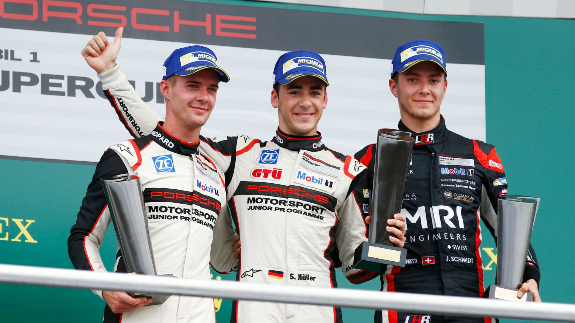 Matteo Cairoli (I)<br/>Sven Müller (D)<br/>Jeffrey Schmidt (CH) <br/>Porsche Mobil 1 Supercup Hockenheim 2016